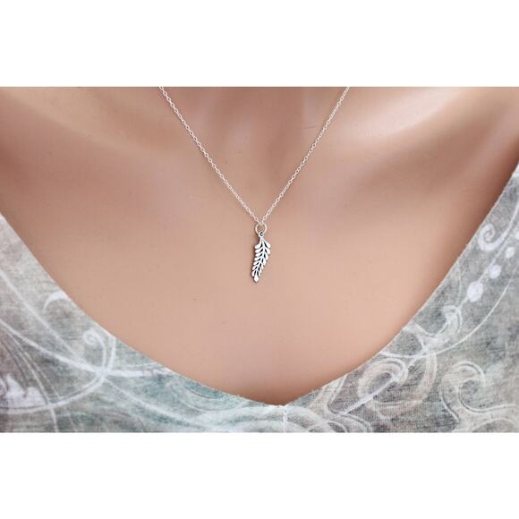 Sterling Silver Sprig Leaf Necklace, Sterling Silver Sprig Leaf Charm Necklace - Picture 4 of 5